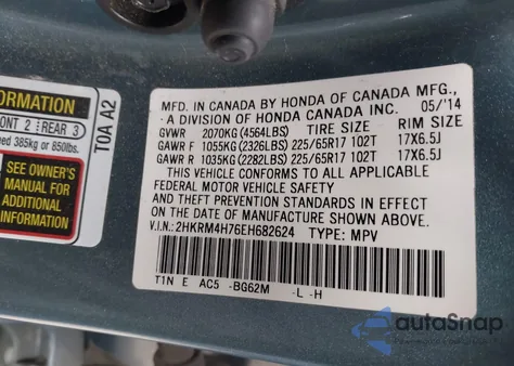 2014 Honda Cr-V Ex-L z USA, uszkodzony, nr VIN 2HKRM4H76EH682624